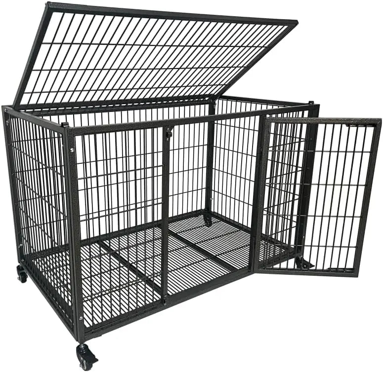 Dog Crate Cage Kennel for Large Dogs, High Anxiety Dog Crate with Removable Crate Trays, Wheels and Double Door