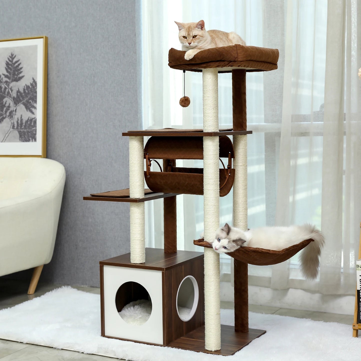 Height 130.5CM Cat Tree Condo Multi-Level Platform Tower Scratching Post Perches Tunnel Hummock Bed