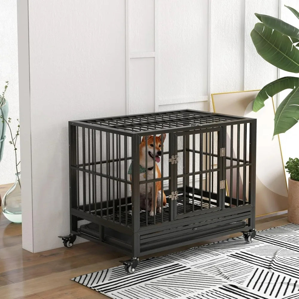 Dog Crate Metal Kennel with Lockable Wheels, Double Door Removable Tray