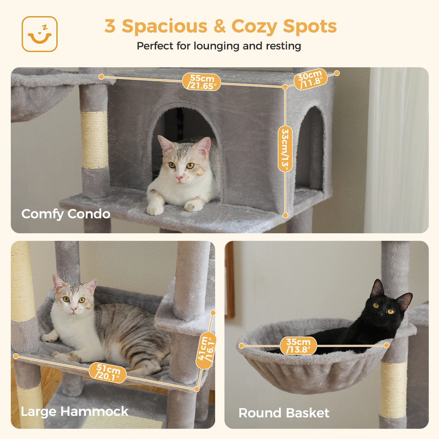 Multi-Level Cat Tree with Scratching Posts Spacious Hammock Plush Cat Tower Large Cat Condo for Indoor Cat Accessories Cat Toys