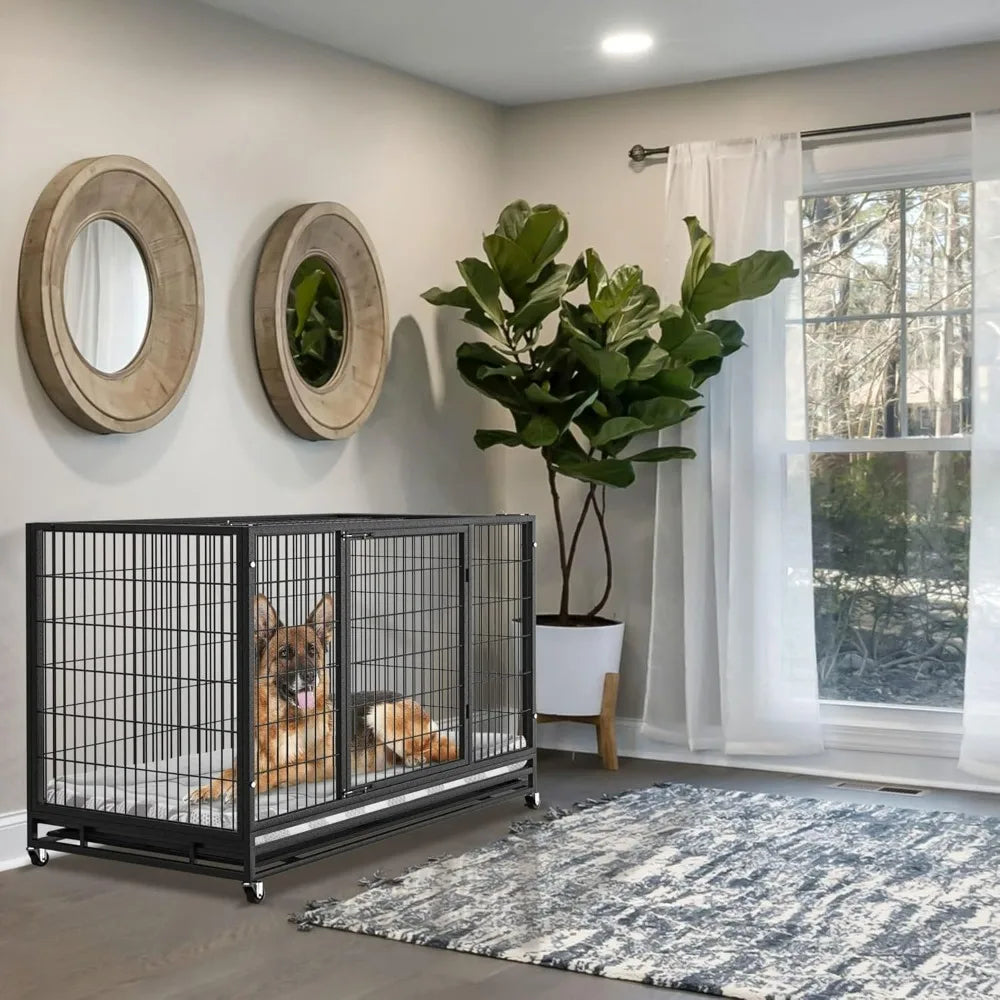 Dog Crate Cage Kennel for Large Dogs, High Anxiety Dog Crate with Removable Crate Trays, Wheels and Double Door