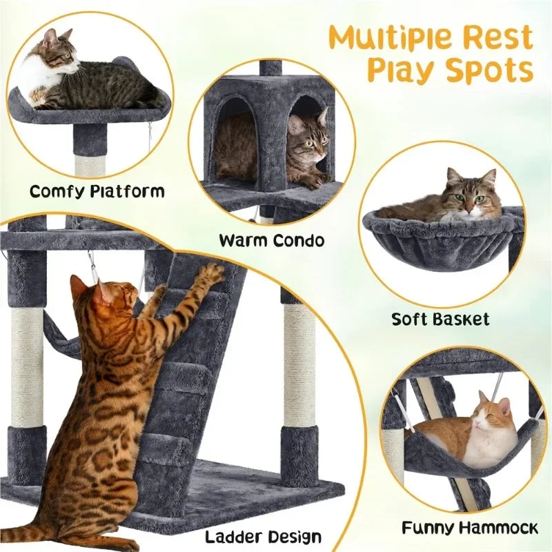54" Cat Tree with Hammock, Basket and Scratching Post Tower,