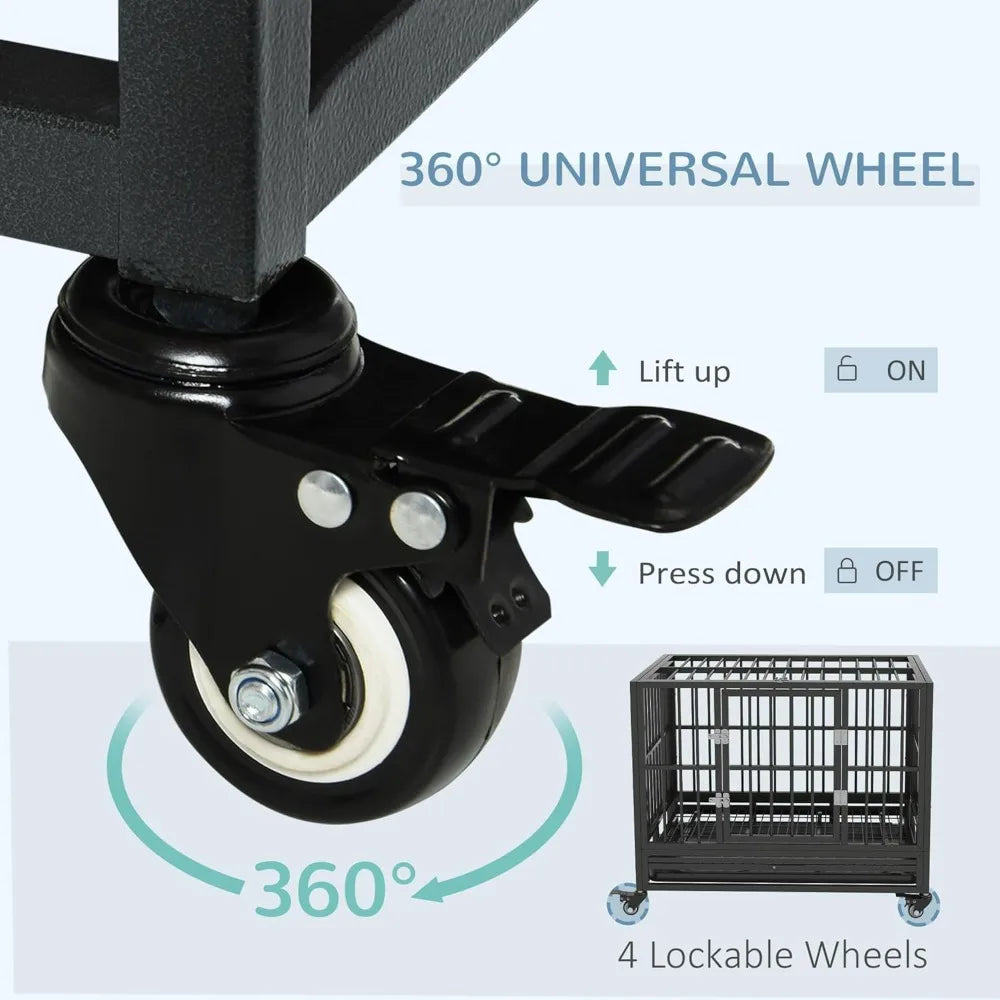Dog Crate Metal Kennel with Lockable Wheels, Double Door Removable Tray
