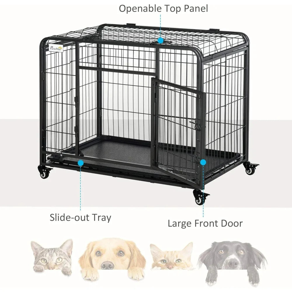 Duty Metal Dog Kennel with Removable Tray and Cover, & 4 Locking Wheels, Indoor/Outdoor 37"