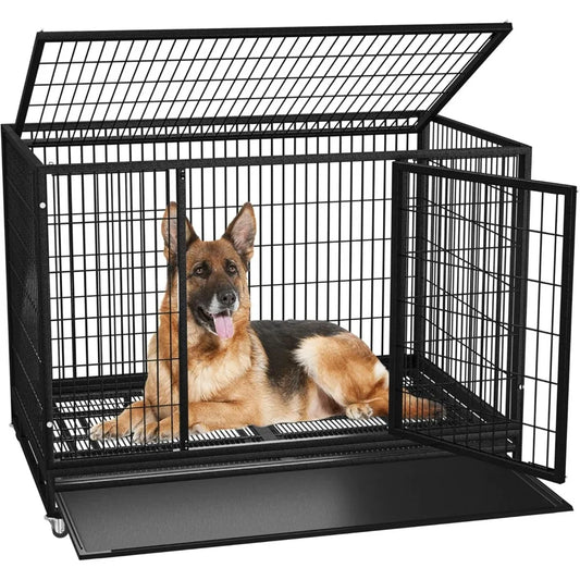 Dog Kennel for Large Dogs, Removable Trays, Wheels and Double Door
