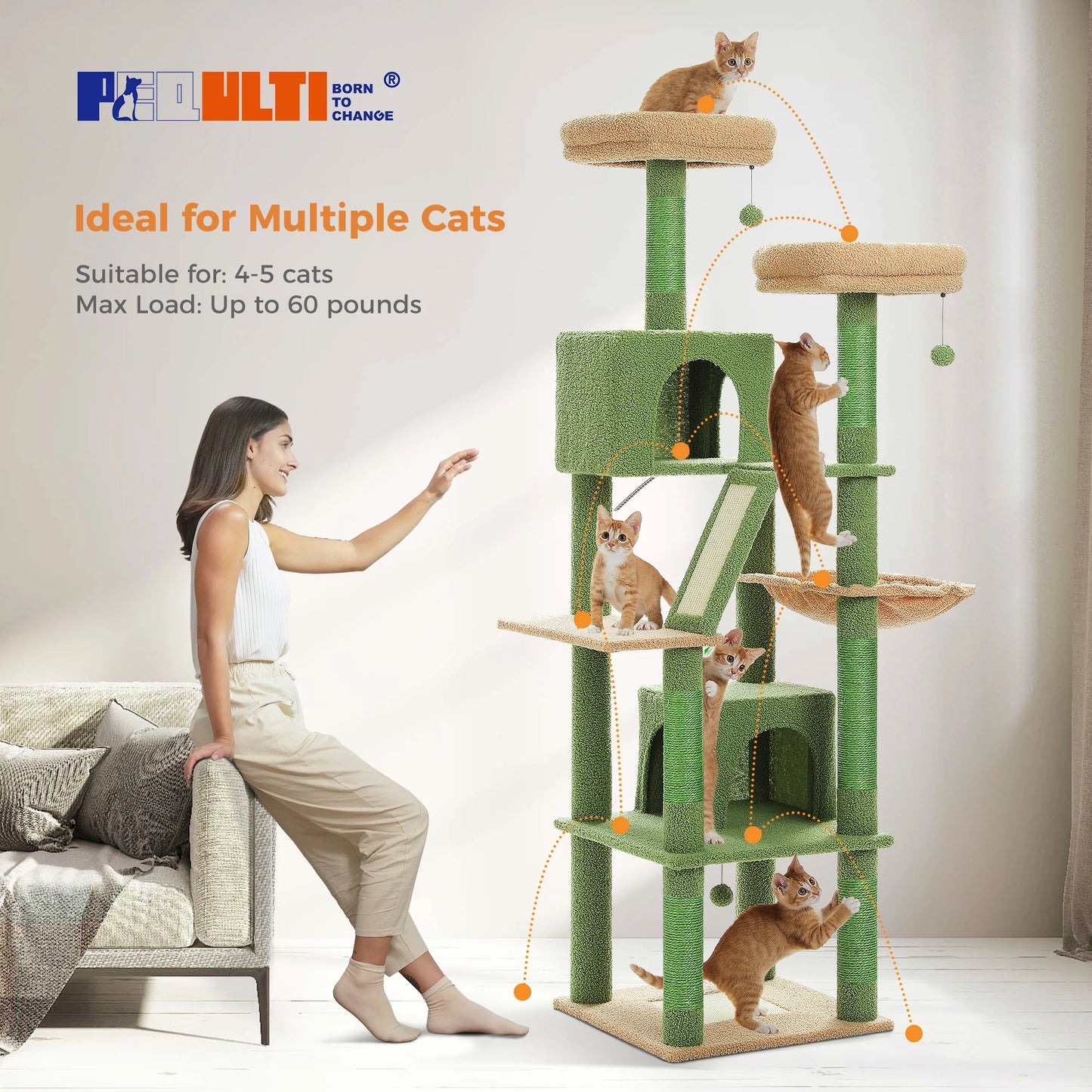 Multi-Level Cat Tree with Scratching Posts, Cozy Condo, Hammock, Cat Tower for