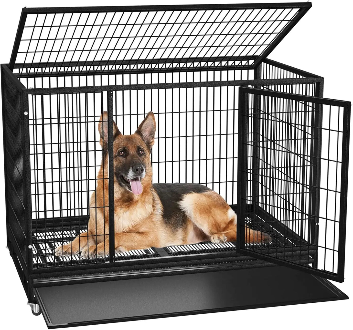 Dog Crate Cage Kennel for Large Dogs, High Anxiety Dog Crate with Removable Crate Trays, Wheels and Double Door