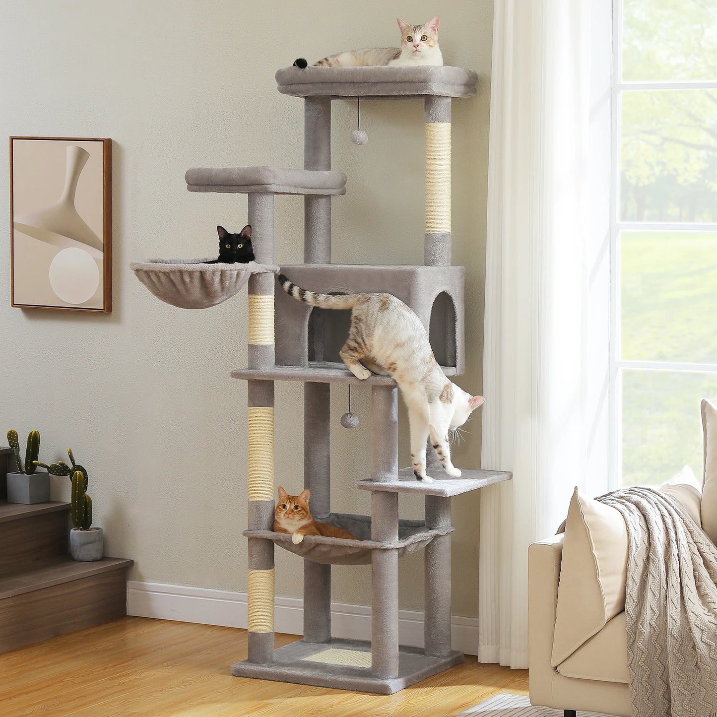 Multi-Level Cat Tree with Scratching Posts Spacious Hammock Plush Cat Tower Large Cat Condo for Indoor Cat Accessories Cat Toys