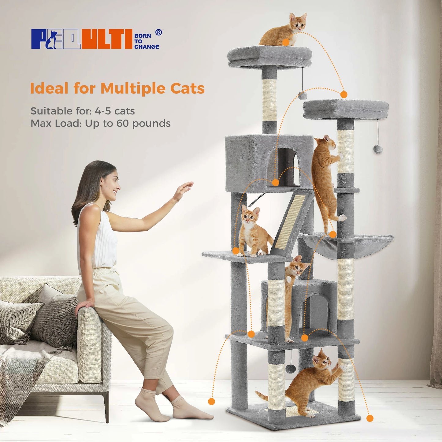 180cm Tall Cat Tree for Indoor Cats Multi-Level Scratching Post, Perches & Caves