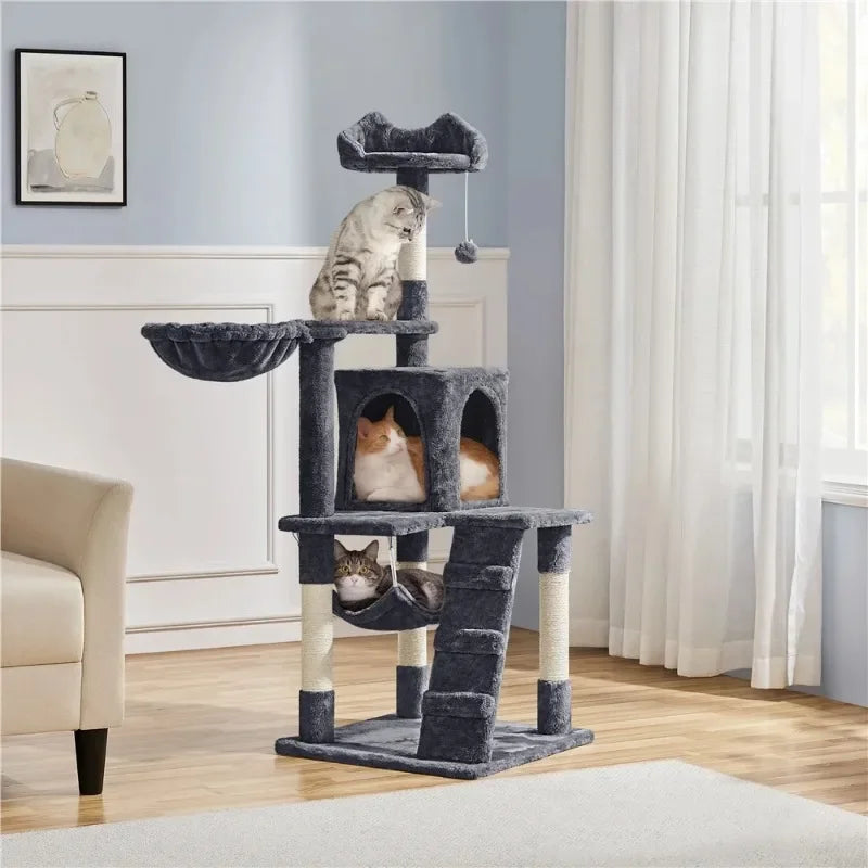 54" Cat Tree with Hammock, Basket and Scratching Post Tower,