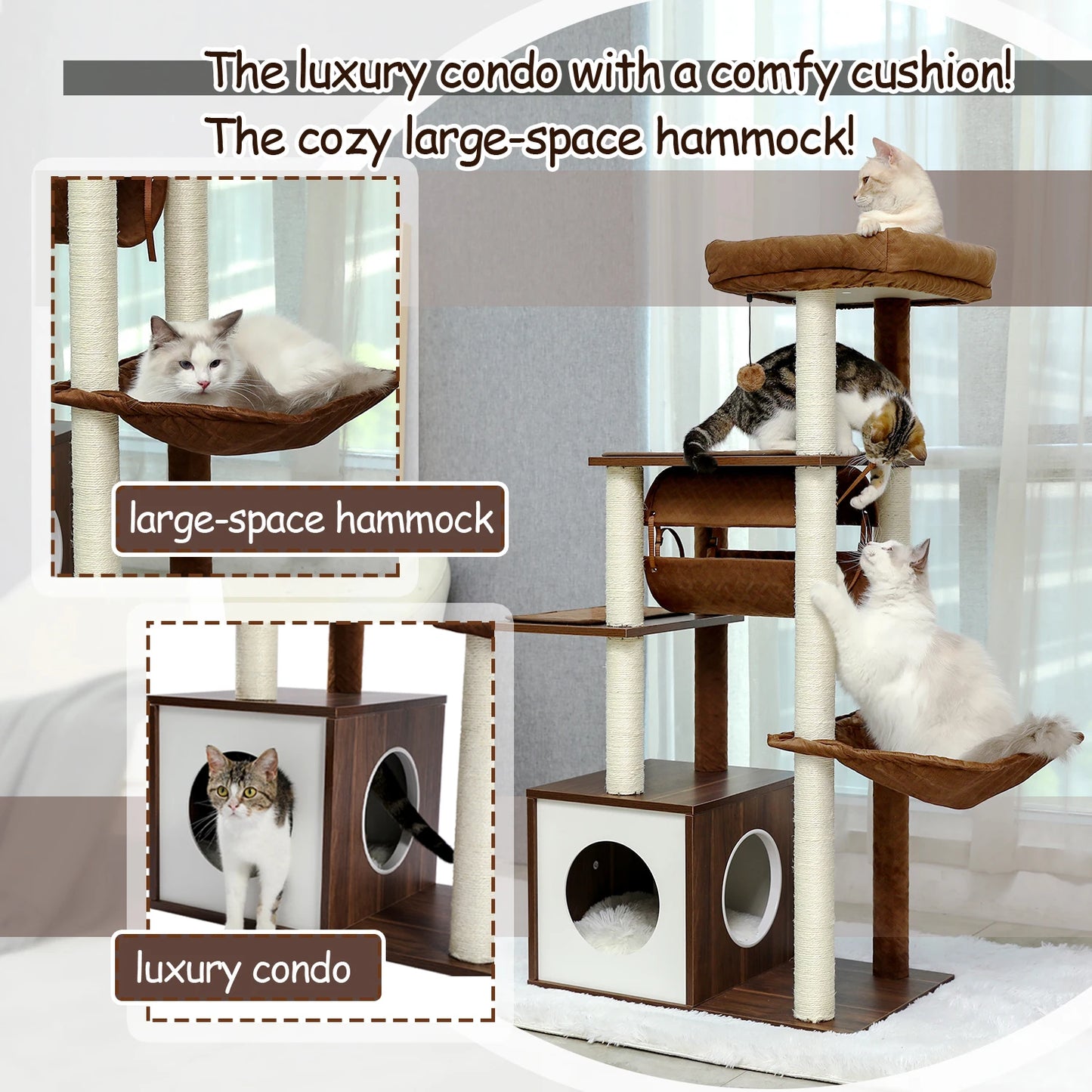 Height 130.5CM Cat Tree Condo Multi-Level Platform Tower Scratching Post Perches Tunnel Hummock Bed