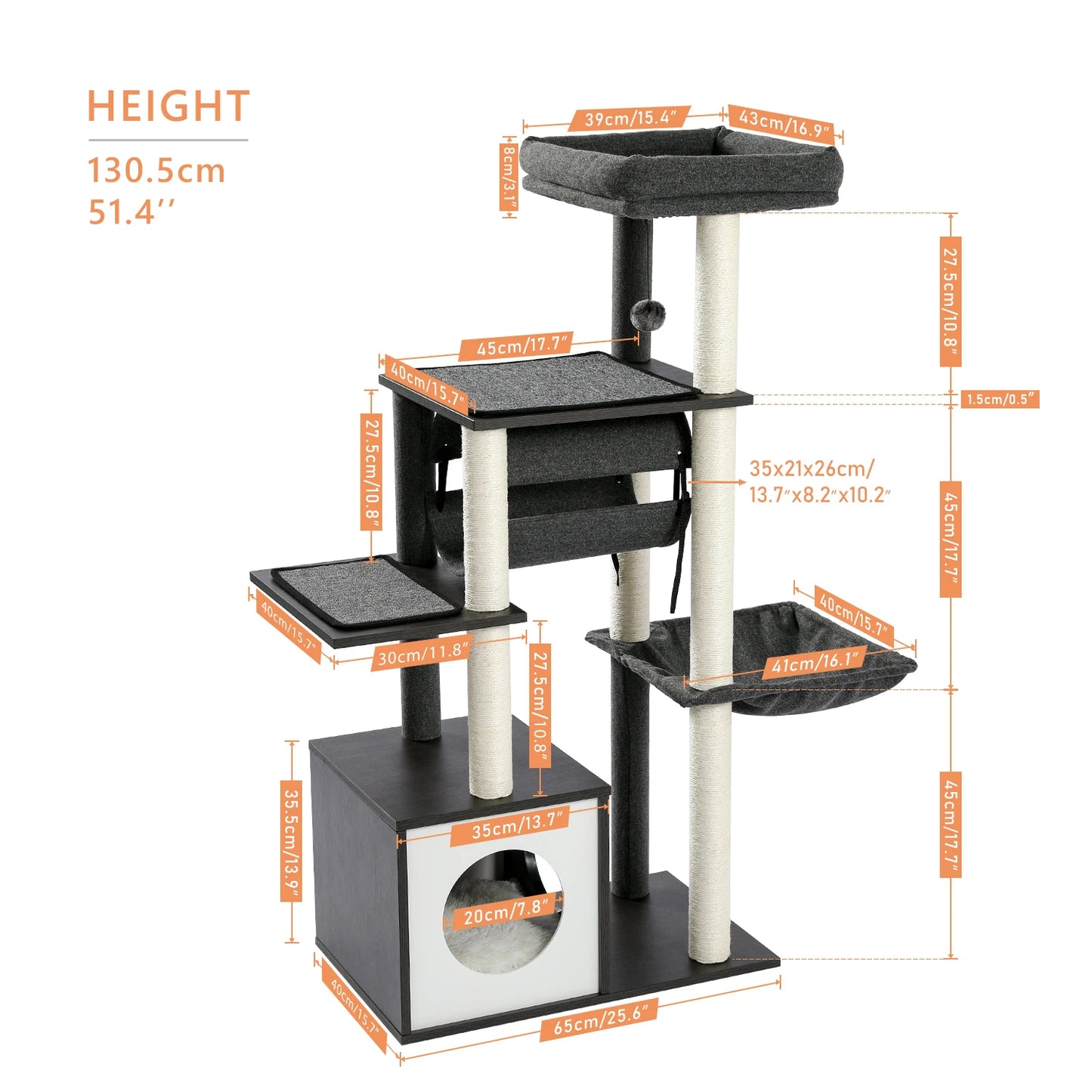 Height 130.5CM Cat Tree Condo Multi-Level Platform Tower Scratching Post Perches Tunnel Hummock Bed