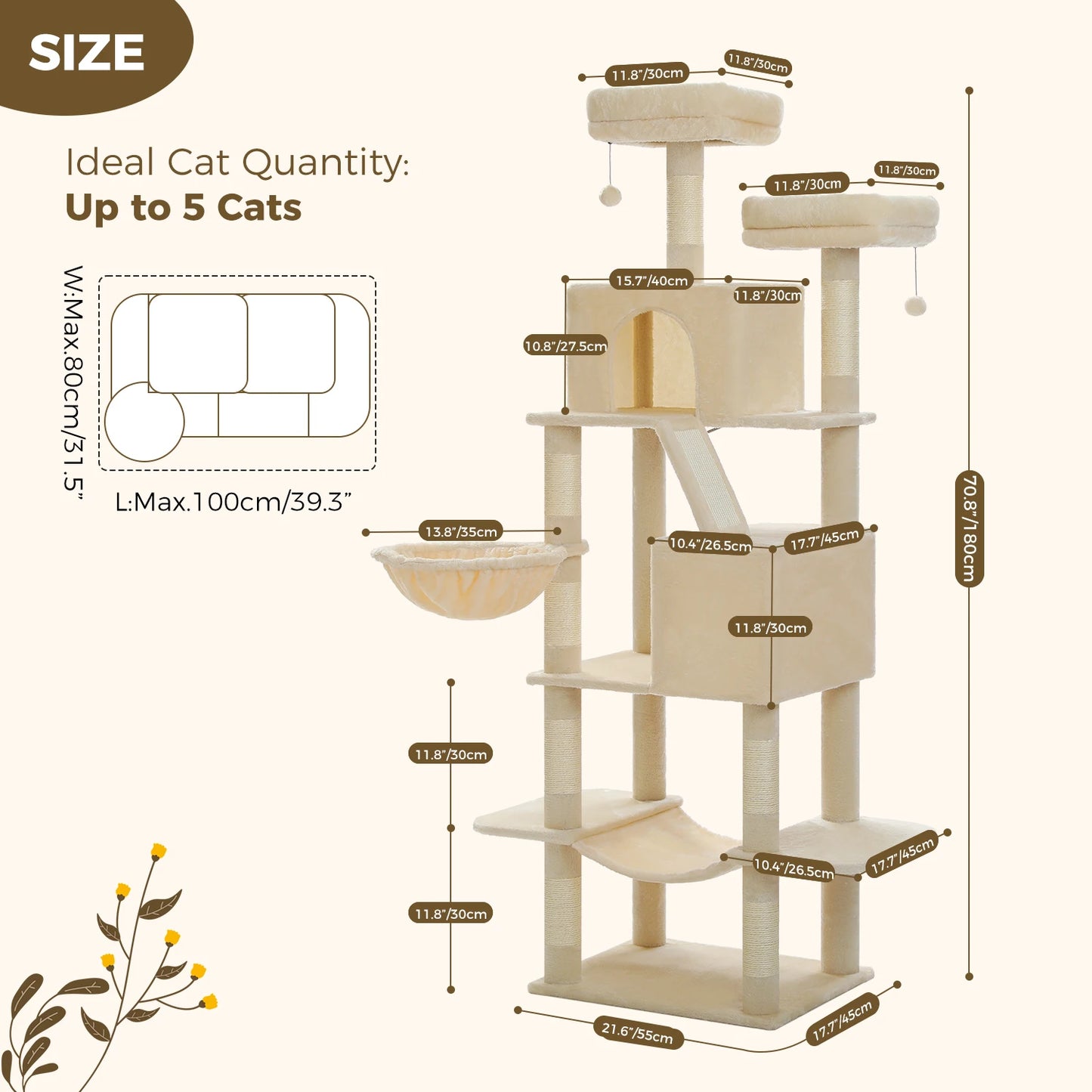 Tall Cat Tree with Large Cat Condo  Scratching Post Cozy Hammock  Tower