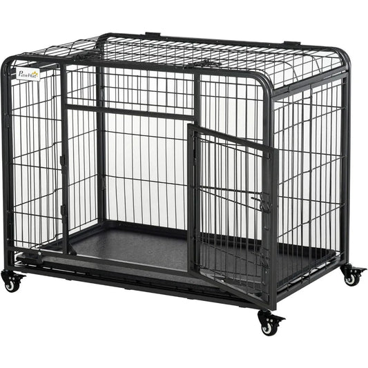 Duty Metal Dog Kennel with Removable Tray and Cover, & 4 Locking Wheels, Indoor/Outdoor 37"