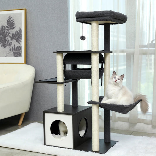 Height 130.5CM Cat Tree Condo Multi-Level Platform Tower Scratching Post Perches Tunnel Hummock Bed
