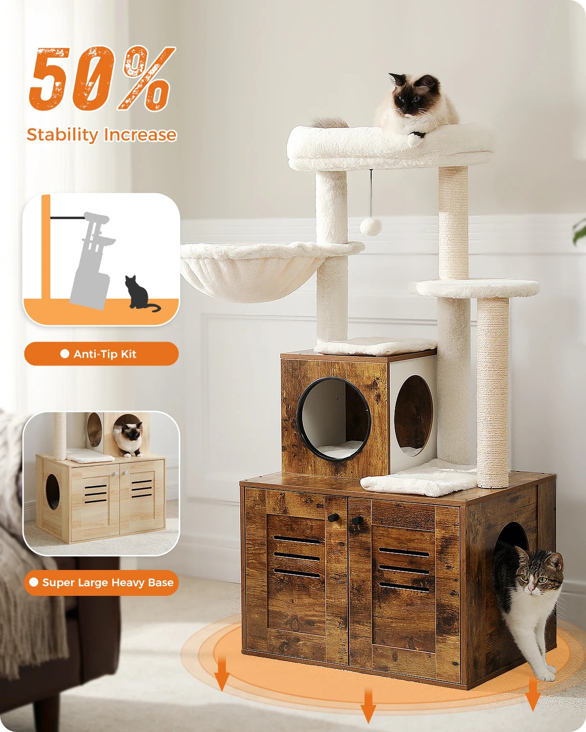 Cat Tree with Condo & Hammock & Enclosed Litter Box