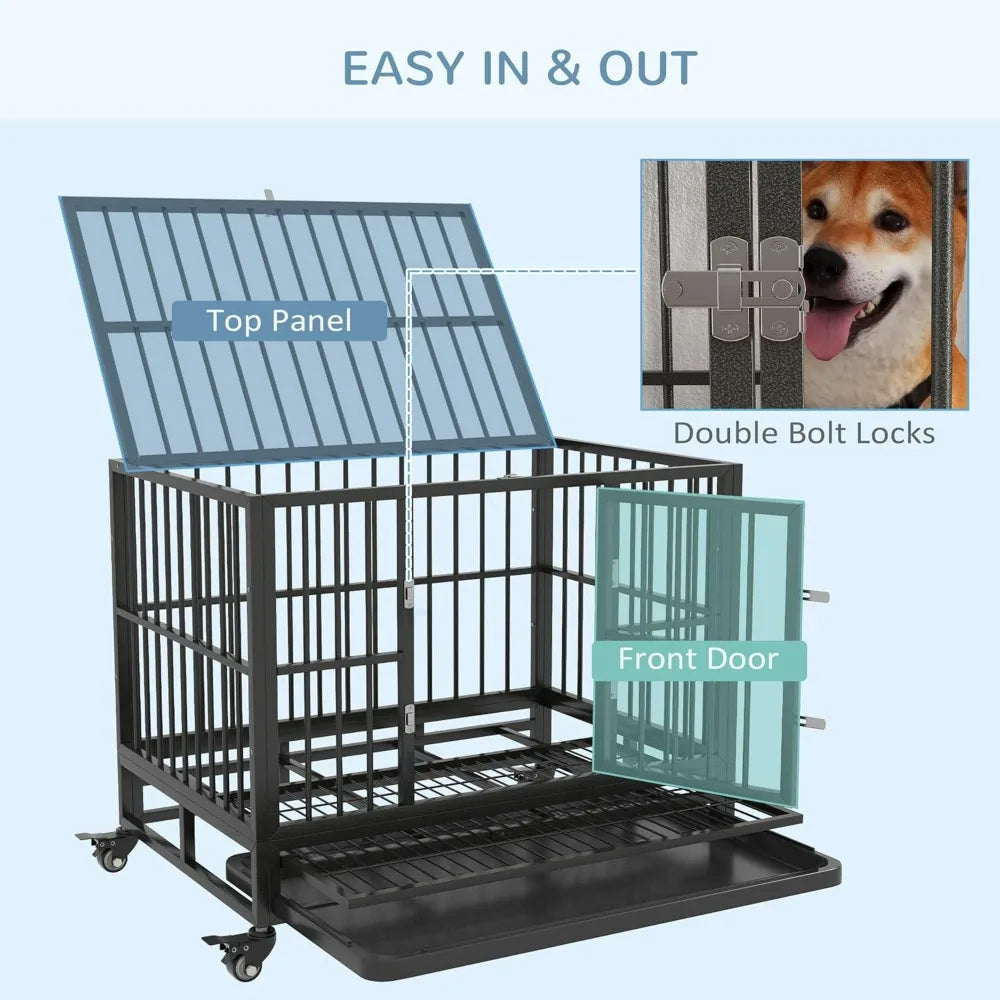 Dog Crate Metal Kennel with Lockable Wheels, Double Door Removable Tray