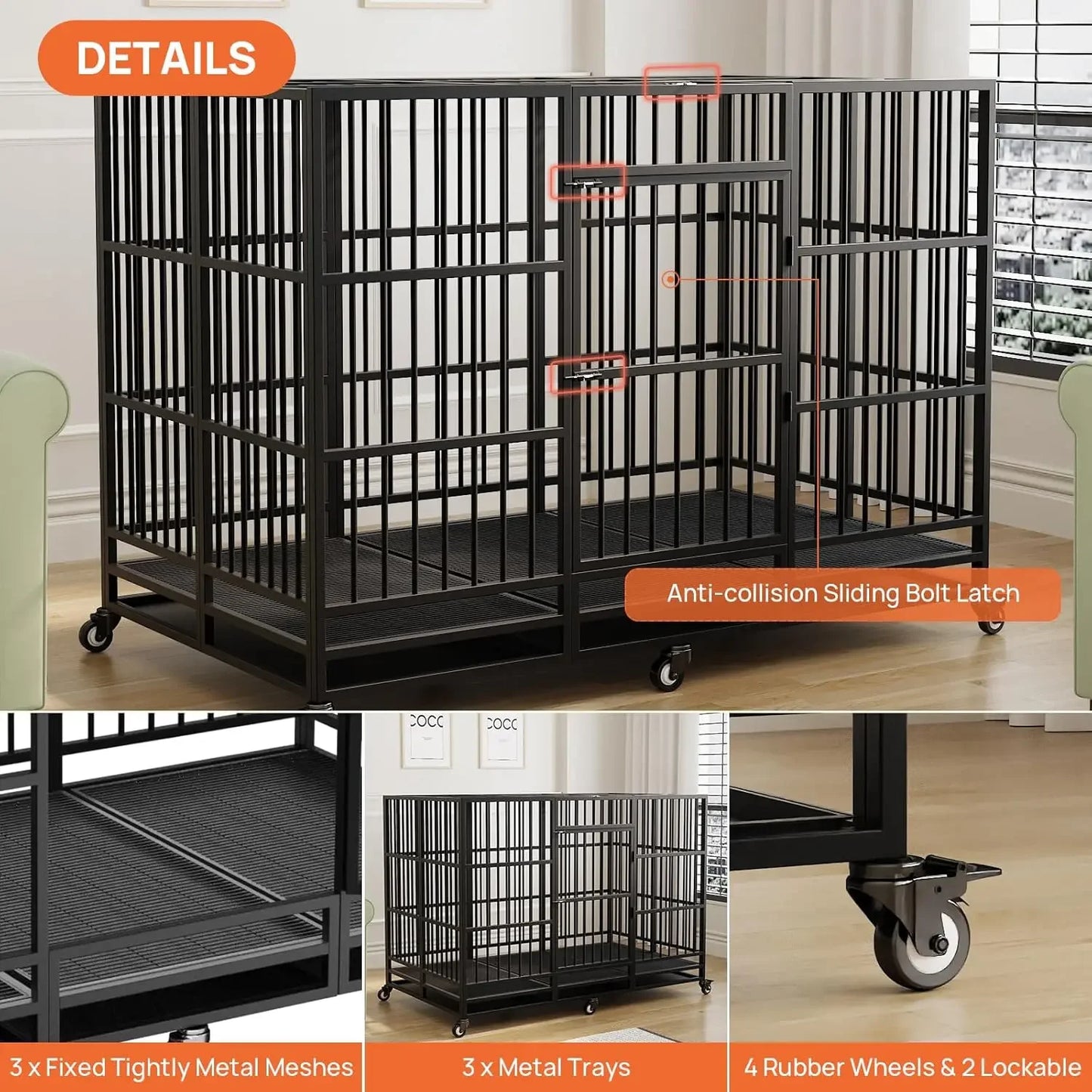 63 Inch Large Heavy Duty Dog Crate with Lockable Wheels Removable Tray, Large Dog Kennel for Large Dog Indoor Outdoor, Black
