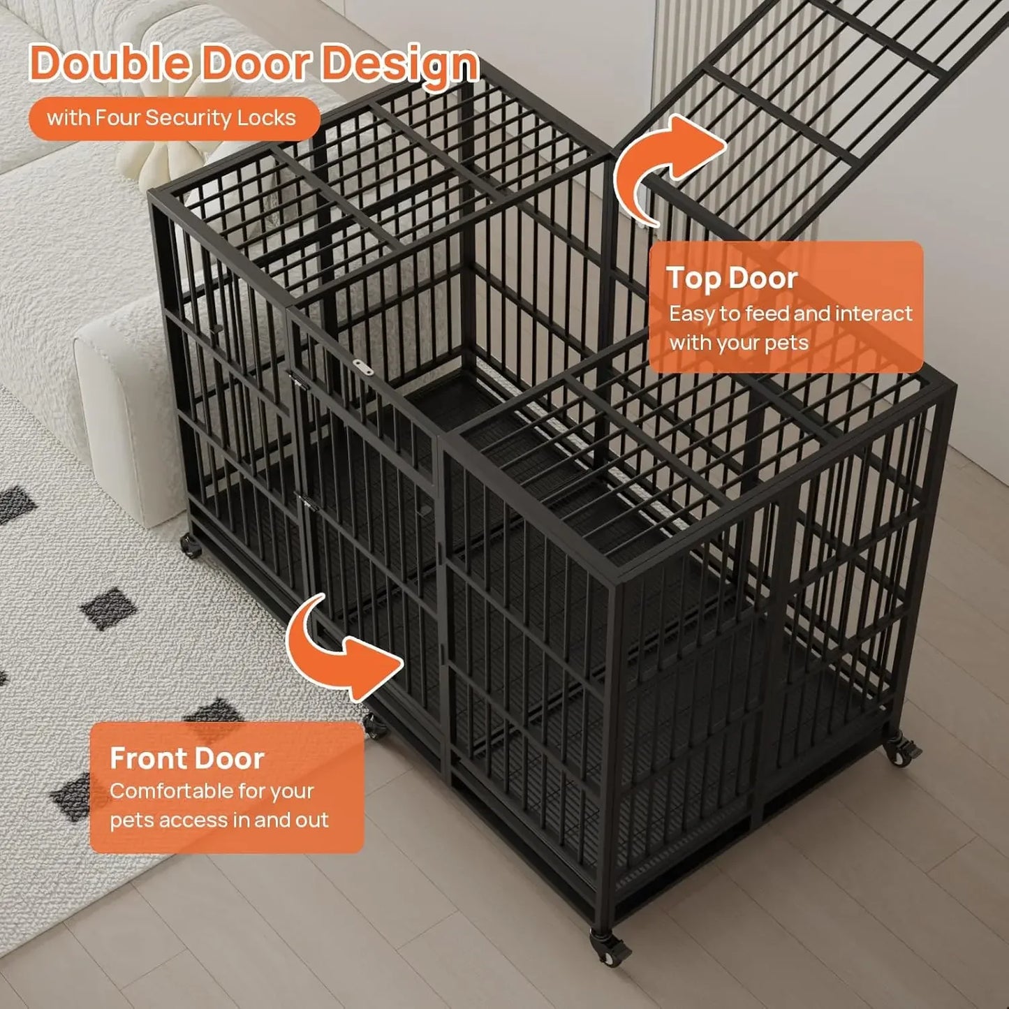 63 Inch Large Heavy Duty Dog Crate with Lockable Wheels Removable Tray, Large Dog Kennel for Large Dog Indoor Outdoor, Black