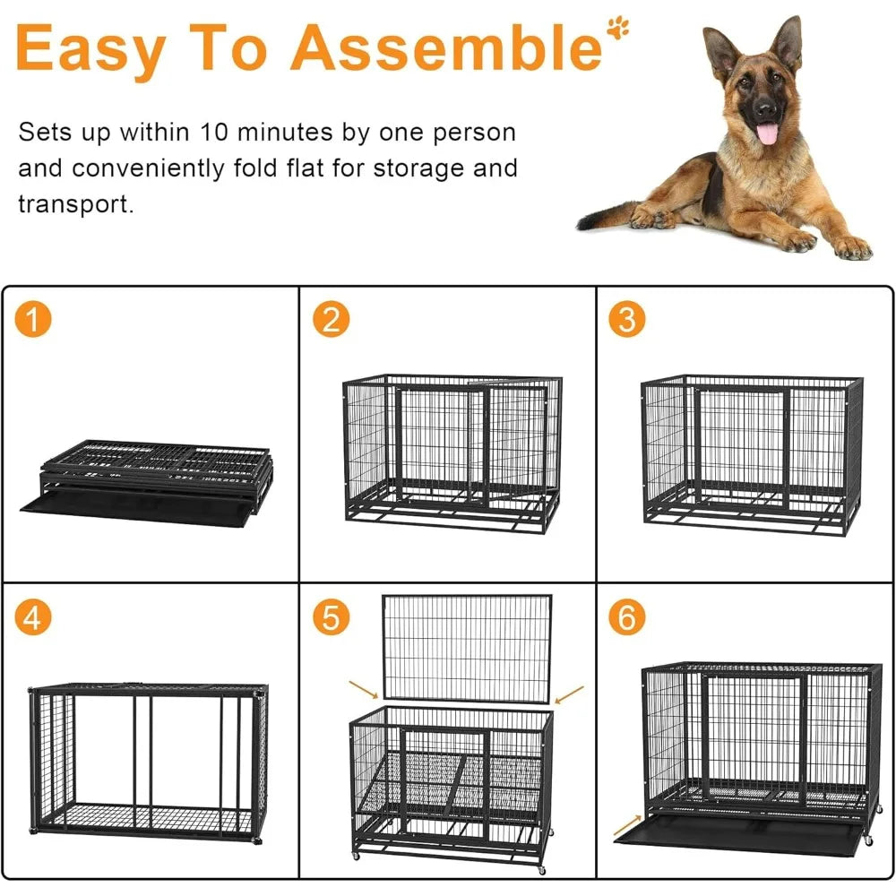 Dog Kennel for Large Dogs, Removable Trays, Wheels and Double Door