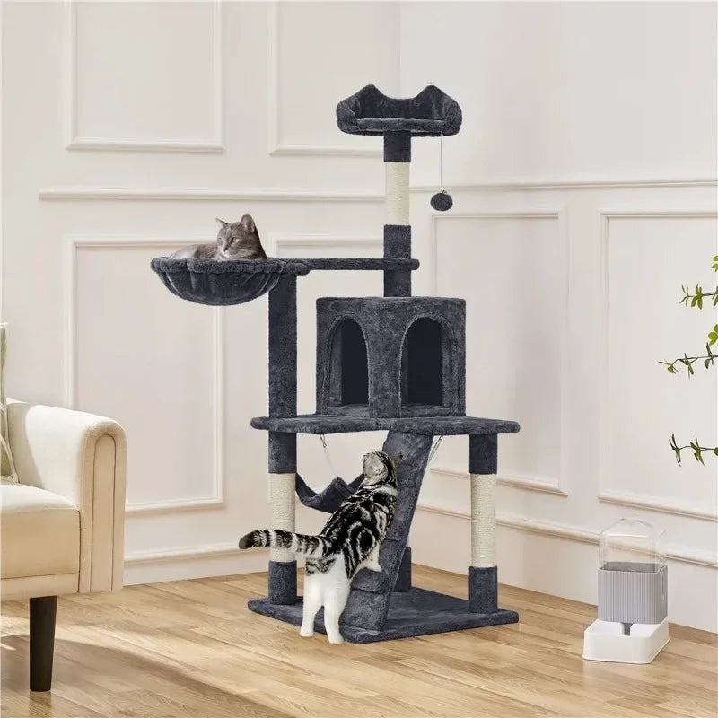 54" Cat Tree with Hammock, Basket and Scratching Post Tower,
