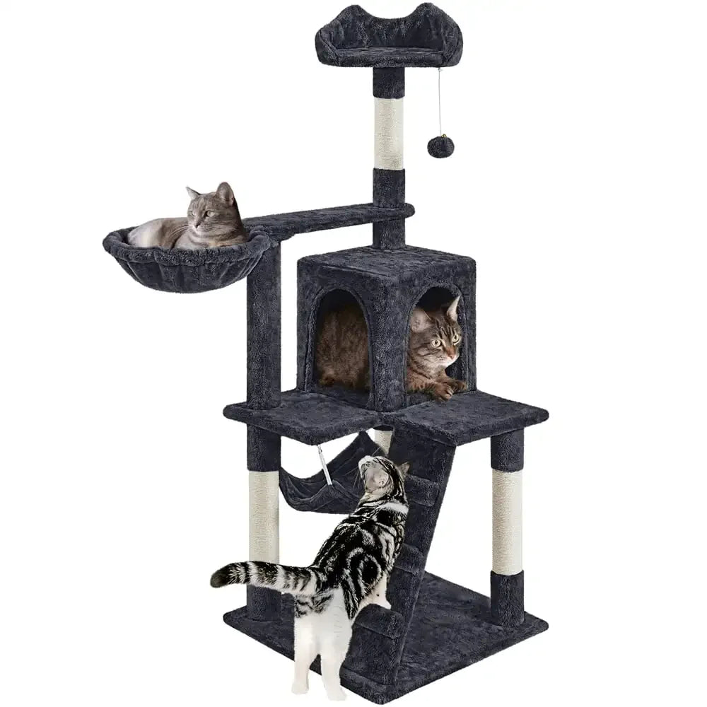 54" Cat Tree with Hammock, Basket and Scratching Post Tower,