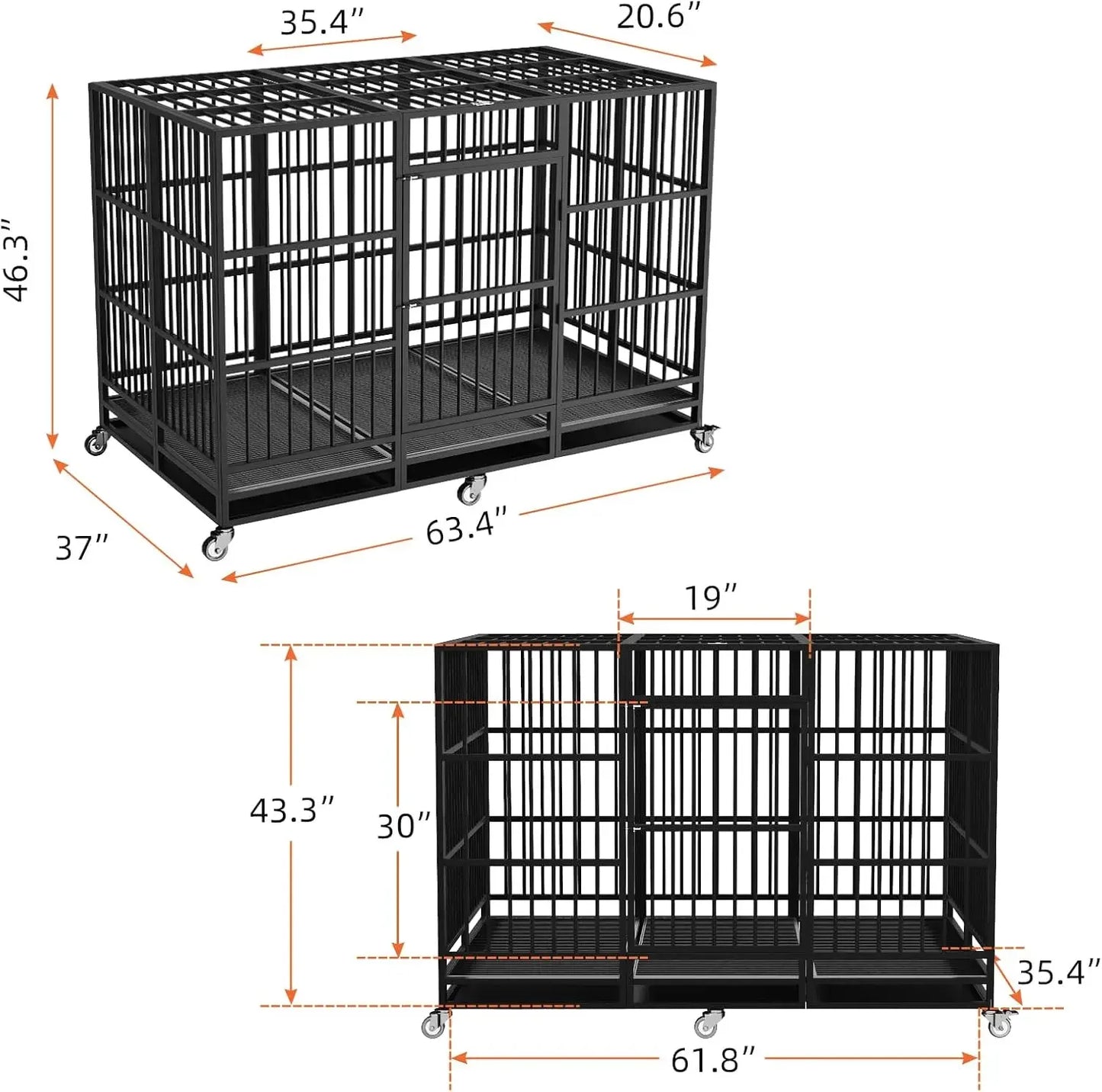 63 Inch Large Heavy Duty Dog Crate with Lockable Wheels Removable Tray, Large Dog Kennel for Large Dog Indoor Outdoor, Black