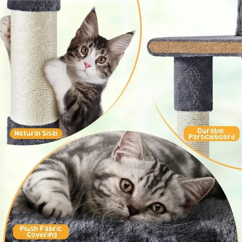 54" Cat Tree with Hammock, Basket and Scratching Post Tower,