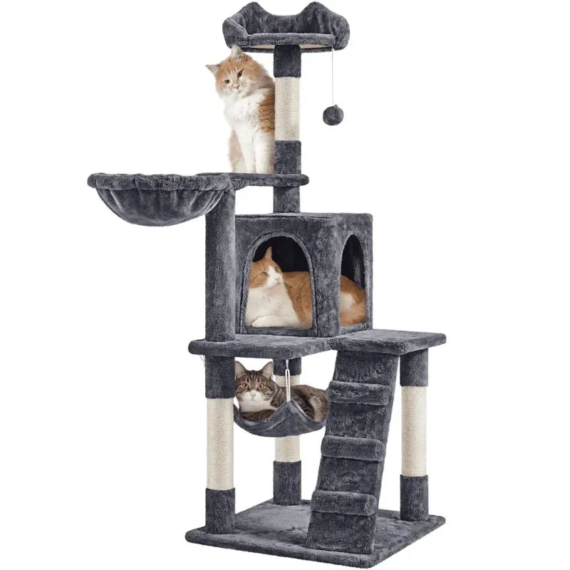 54" Cat Tree with Hammock, Basket and Scratching Post Tower,