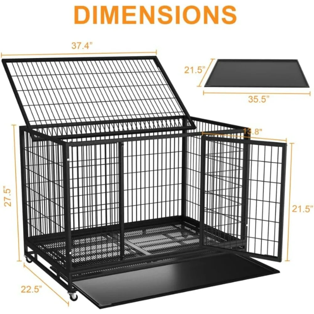 Dog Crate Cage Kennel for Large Dogs, High Anxiety Dog Crate with Removable Crate Trays, Wheels and Double Door