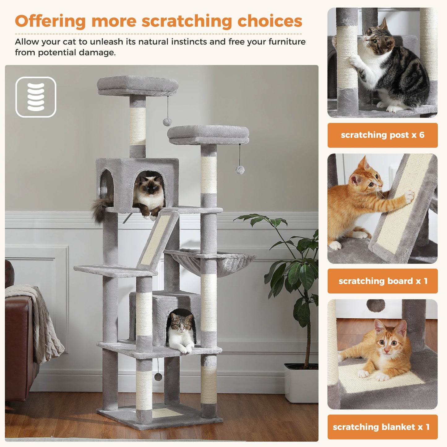 180cm Tall Cat Tree for Indoor Cats Multi-Level Scratching Post, Perches & Caves