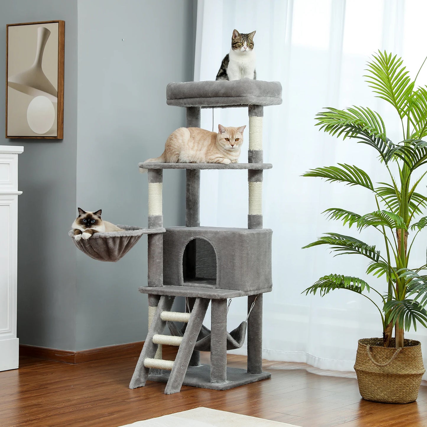 Cat Tree Towel Scratching Multi-Level Pet Climbing Tree with Hammock Bed Cat Ladder Extra Large Perch