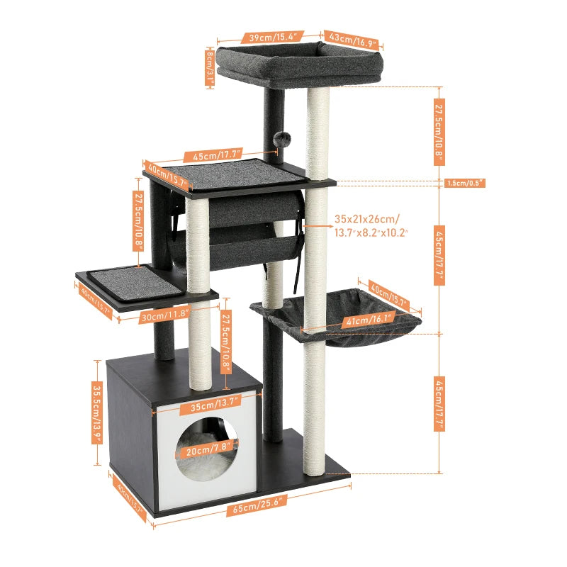 Height 130.5CM Cat Tree Condo Multi-Level Platform Tower Scratching Post Perches Tunnel Hummock Bed