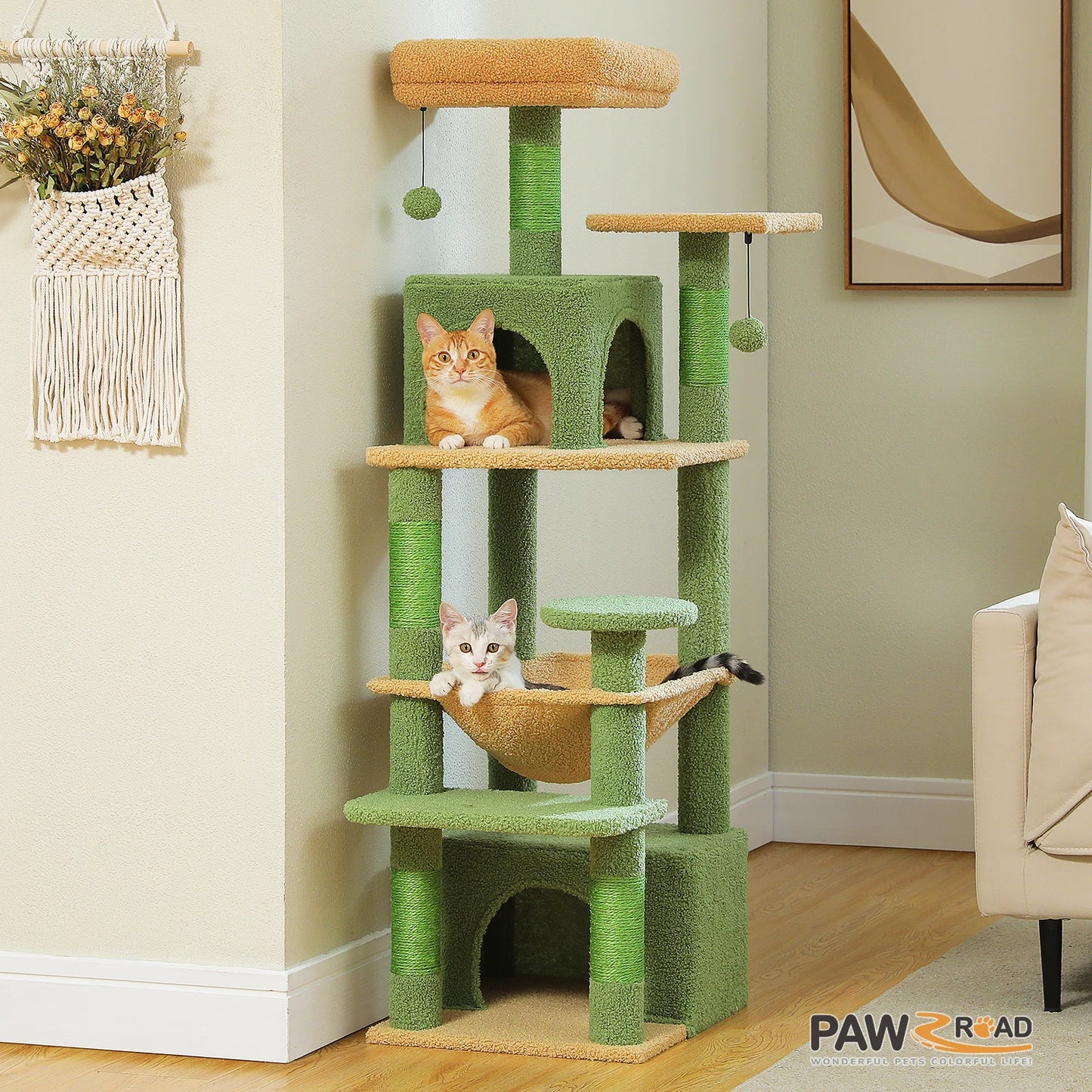 184/136cm Large Cat Tree Tower for Indoor Cats With Sisal-Covered Scratching Posts Spacious Hammock Perches and Condos Green