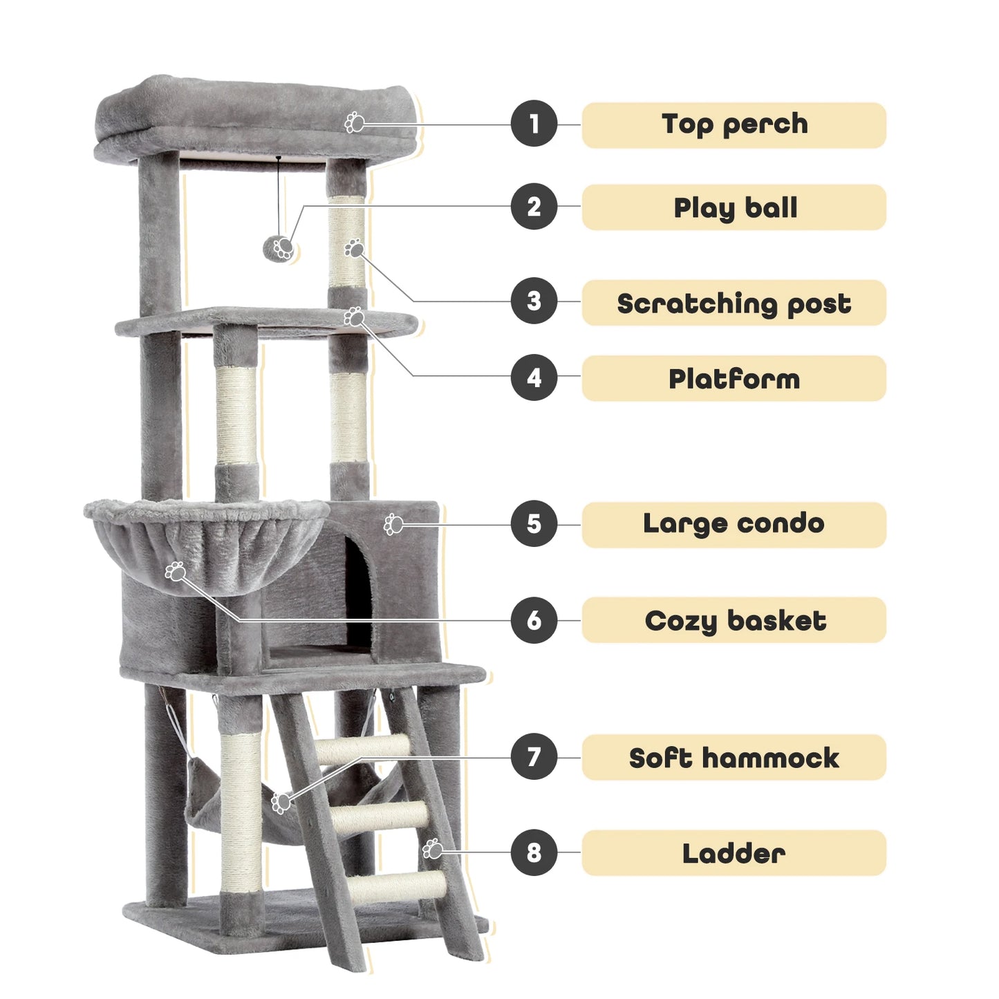 Cat Tree Towel Scratching Multi-Level Pet Climbing Tree with Hammock Bed Cat Ladder Extra Large Perch