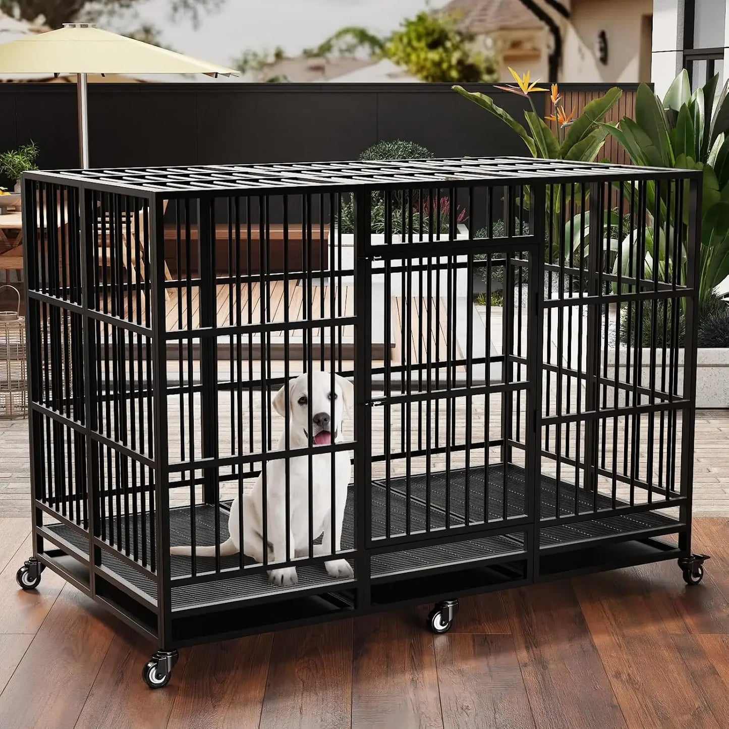 63 Inch Large Heavy Duty Dog Crate with Lockable Wheels Removable Tray, Large Dog Kennel for Large Dog Indoor Outdoor, Black