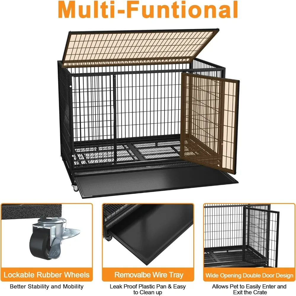Dog Kennel for Large Dogs, Removable Trays, Wheels and Double Door