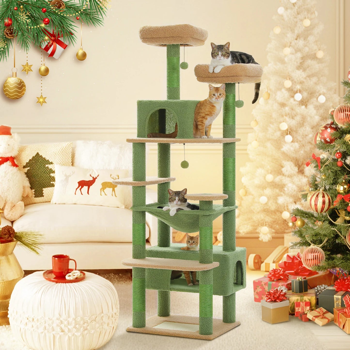 184/136cm Large Cat Tree Tower for Indoor Cats With Sisal-Covered Scratching Posts Spacious Hammock Perches and Condos Green