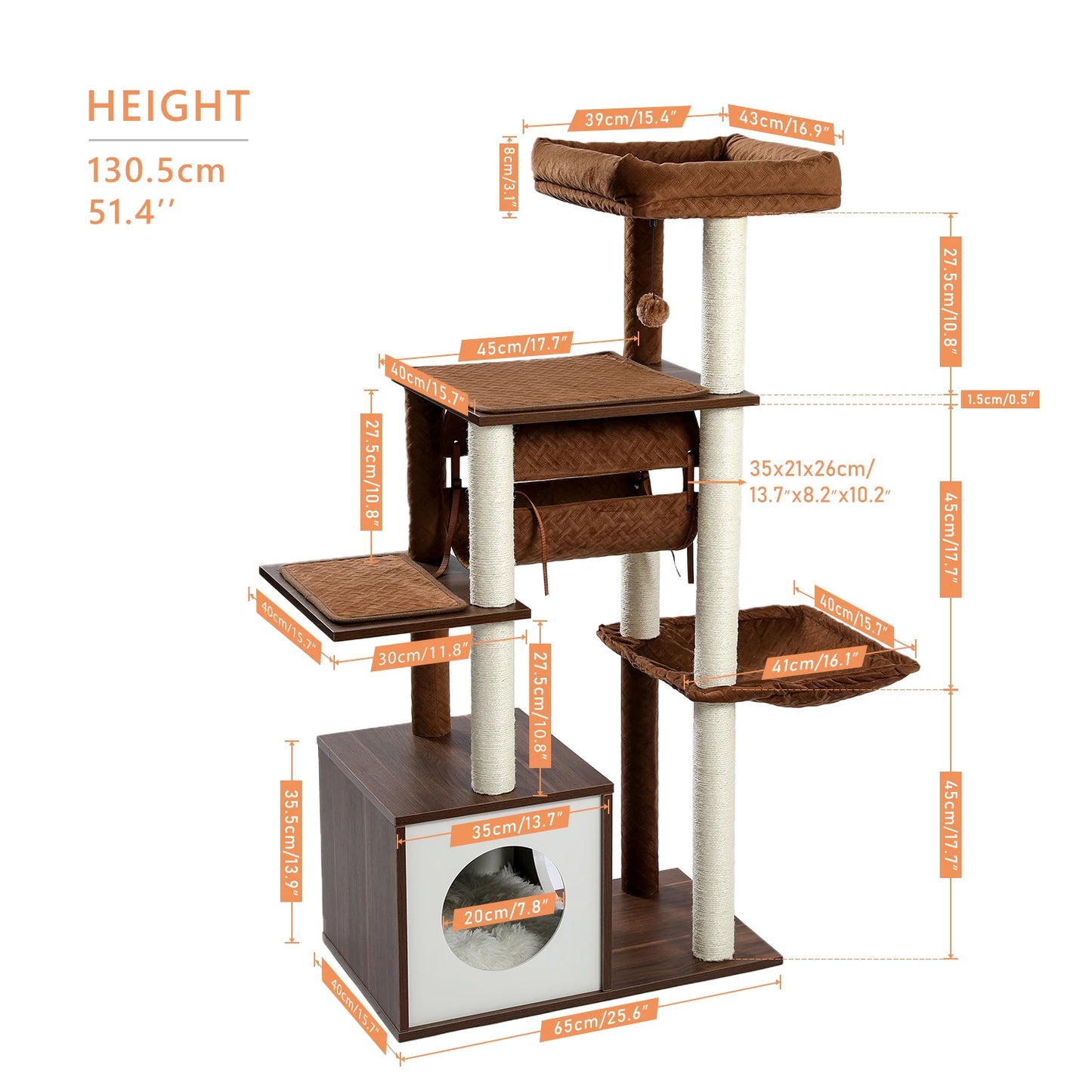 Height 130.5CM Cat Tree Condo Multi-Level Platform Tower Scratching Post Perches Tunnel Hummock Bed