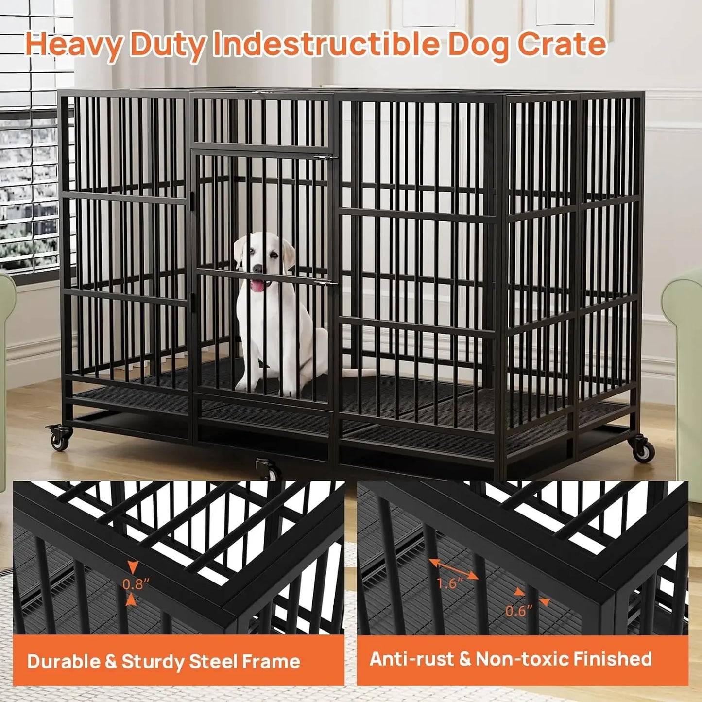 63 Inch Large Heavy Duty Dog Crate with Lockable Wheels Removable Tray, Large Dog Kennel for Large Dog Indoor Outdoor, Black
