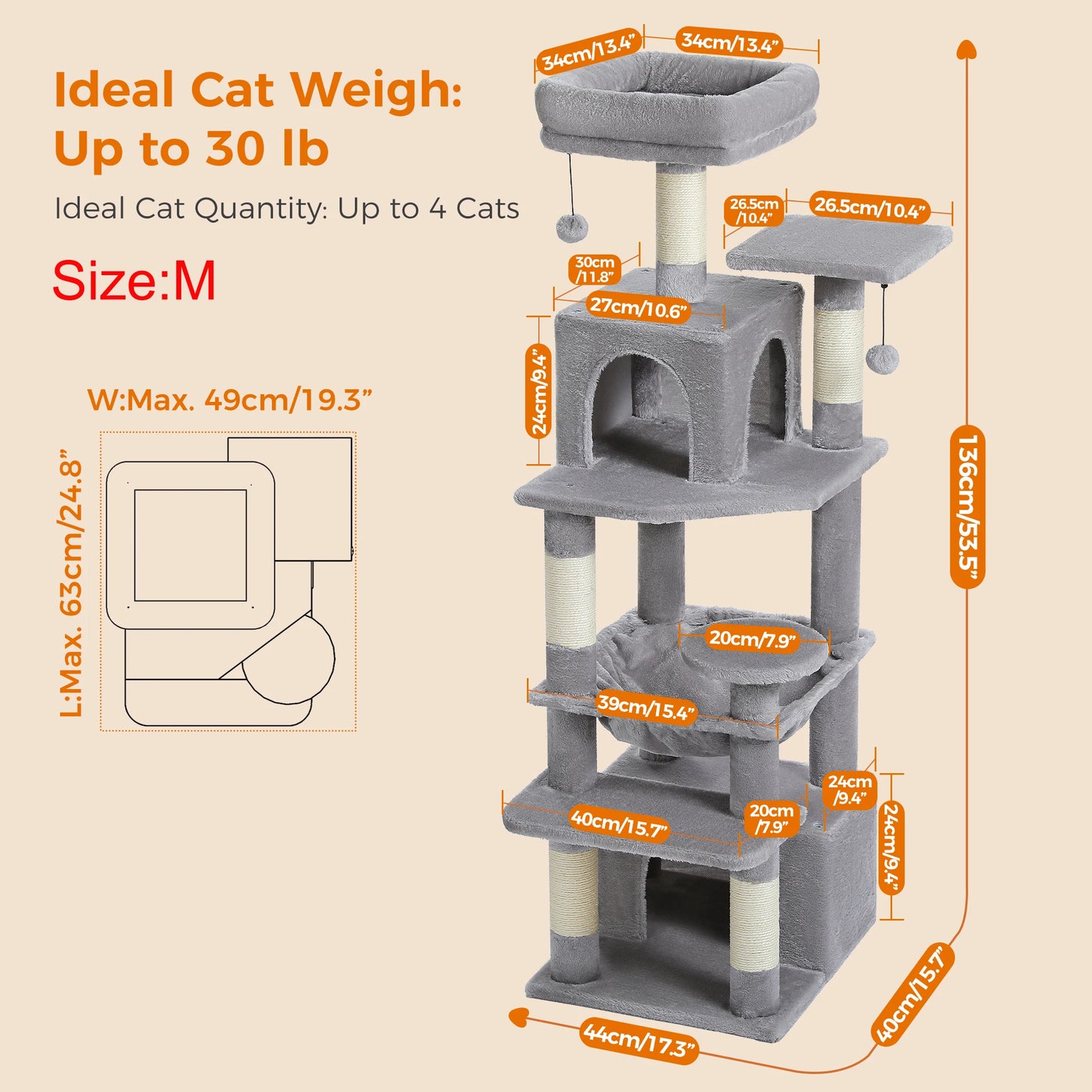 Large Cat Tower with Scratching Posts Spacious Condo  Stable for Kitten Multi-Level Tower