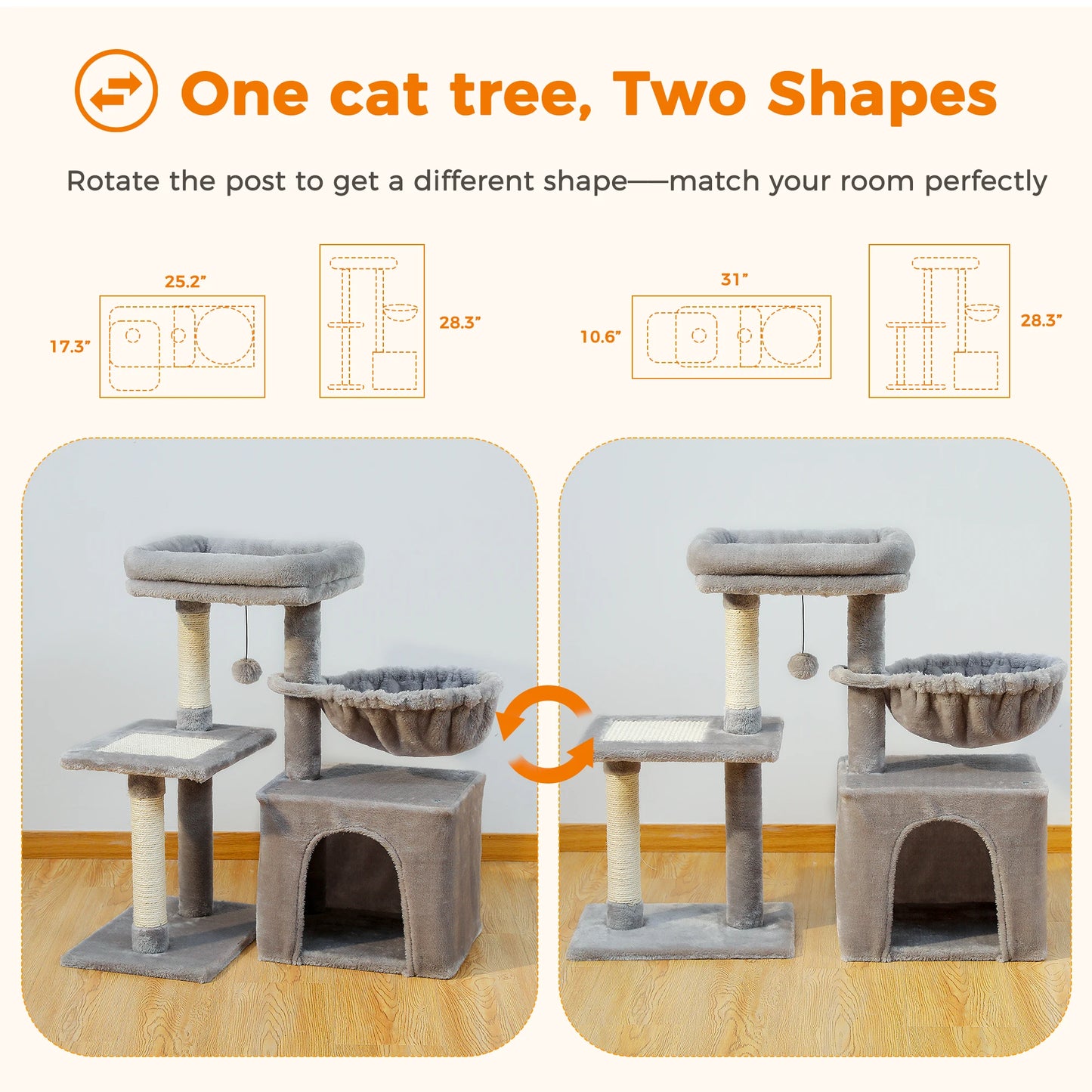 Cat Activity Tree with Cat Scratching Posts Big Hammock and Removable Top Perch Grey