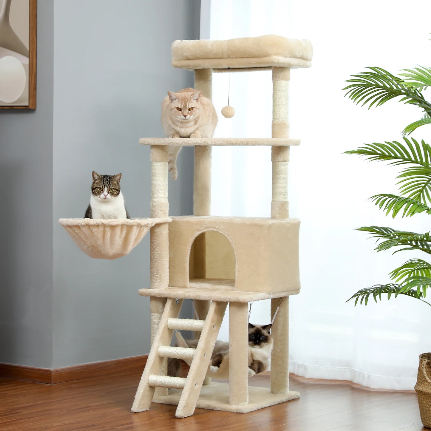 Cat Tree Towel Scratching Multi-Level Pet Climbing Tree with Hammock Bed Cat Ladder Extra Large Perch