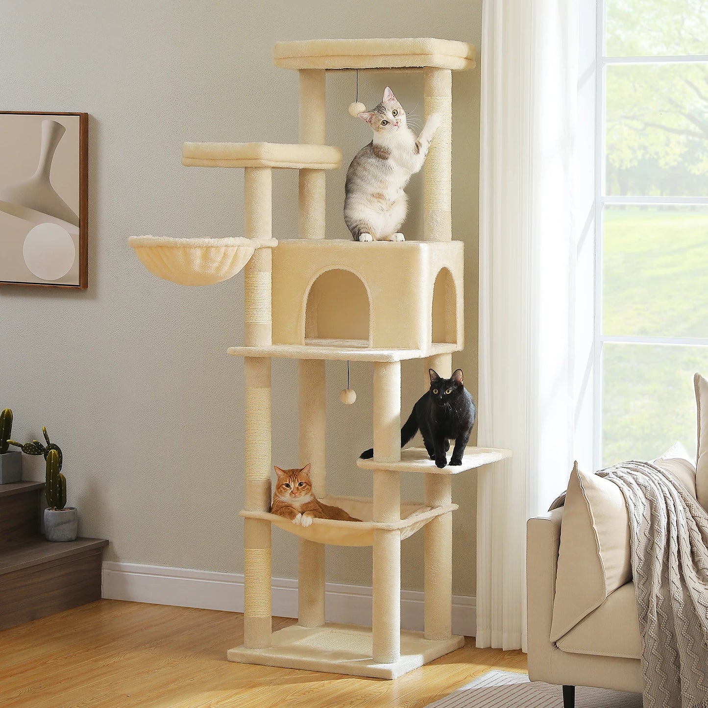 Multi-Level Cat Tree with Scratching Posts Spacious Hammock Plush Cat Tower Large Cat Condo for Indoor Cat Accessories Cat Toys