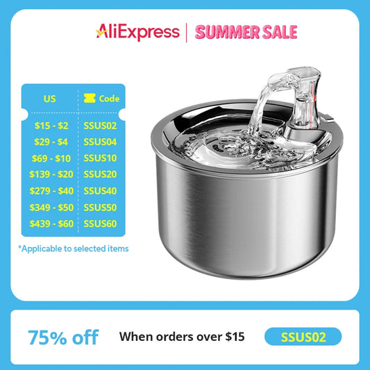 2L fully stainless steel pet water dispenser Automatic cat water fountain