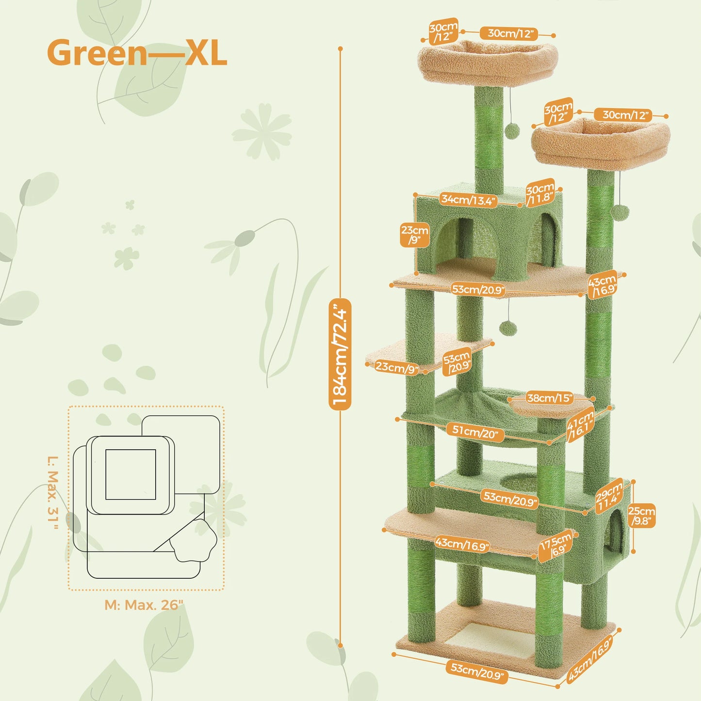 184/136cm Large Cat Tree Tower for Indoor Cats With Sisal-Covered Scratching Posts Spacious Hammock Perches and Condos Green