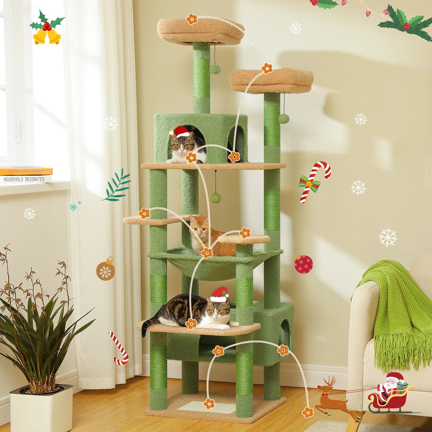 184/136cm Large Cat Tree Tower for Indoor Cats With Sisal-Covered Scratching Posts Spacious Hammock Perches and Condos Green