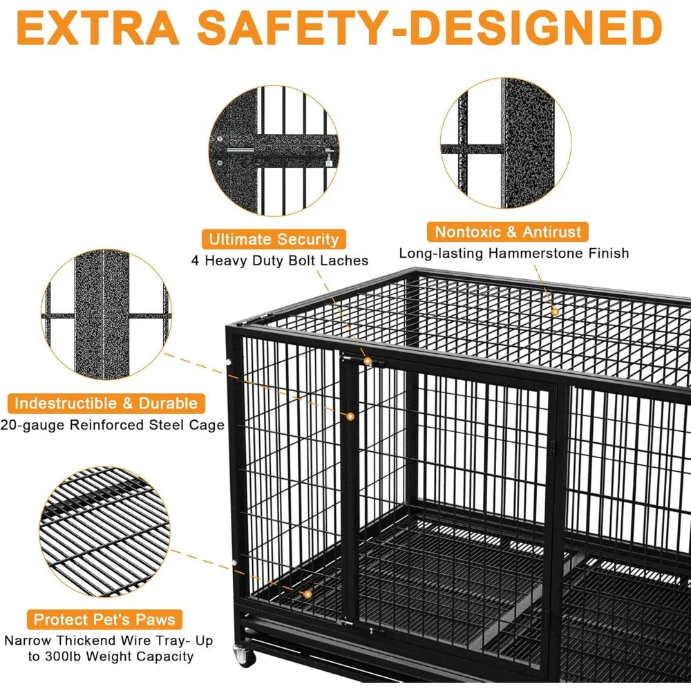Dog Crate Cage Kennel for Large Dogs, High Anxiety Dog Crate with Removable Crate Trays, Wheels and Double Door