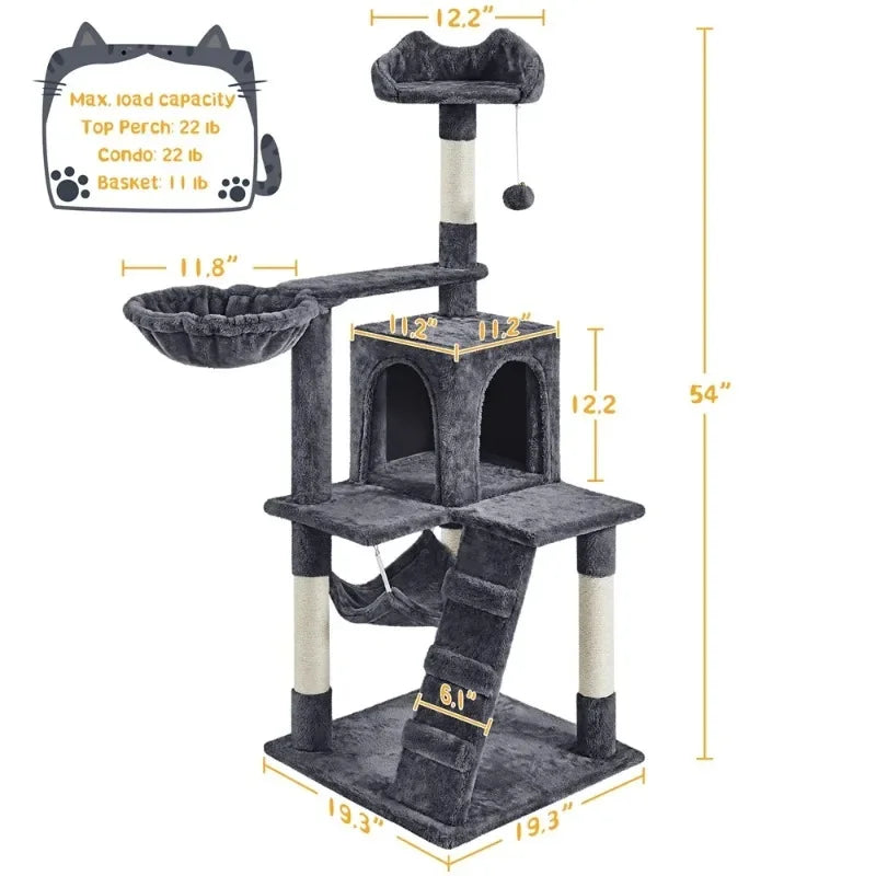 54" Cat Tree with Hammock, Basket and Scratching Post Tower,
