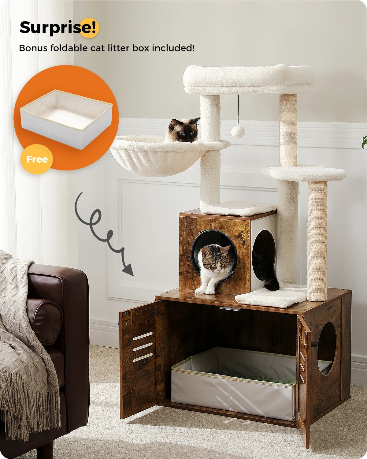 Cat Tree with Condo & Hammock & Enclosed Litter Box